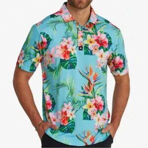 Bad Birdie Mens XL Hawaiian Floral Polo Shirt Tropical Short Sleeve Polyester